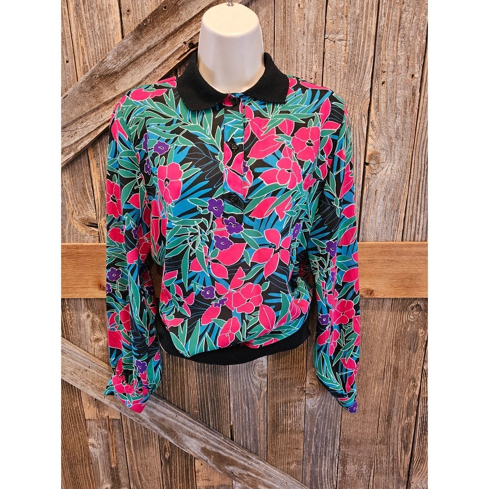 Lauren Lee bright floral long sleeve semi Sheer cape cod popover ^
